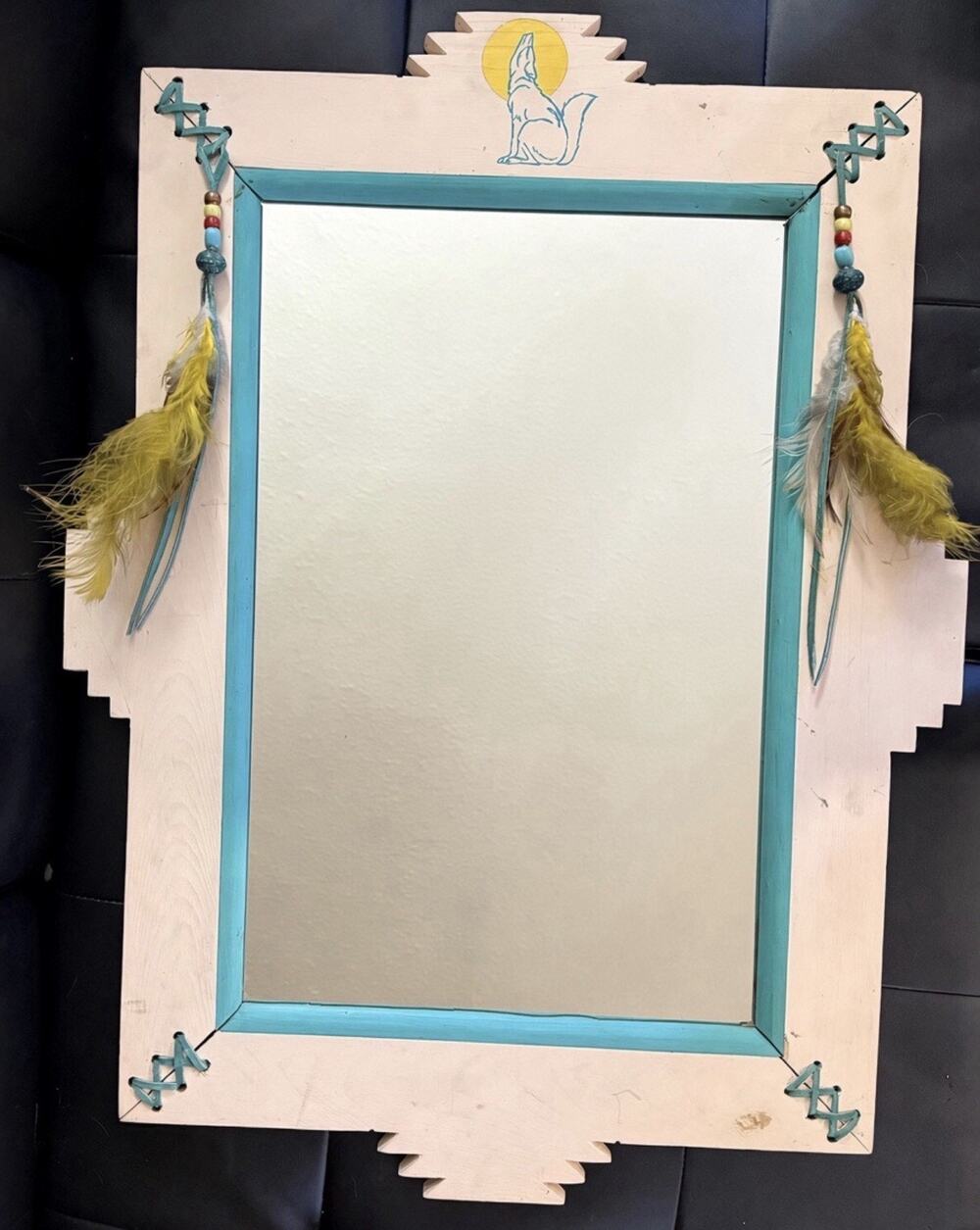 Vintage Southwestern Howling Wolf Wooden Wall Mirror Turquoise Feathers 25x19